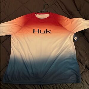 Huk Men’s Ombre Short Sleeve Shirt - Red Orange White Blue